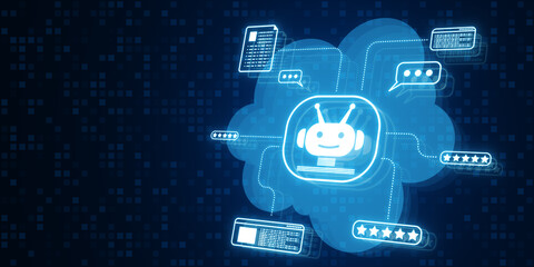 Abstract blue chat GPT hologram hud on blurry wide background with mock up place. AI, online support and customer service concept. 3D Rendering.