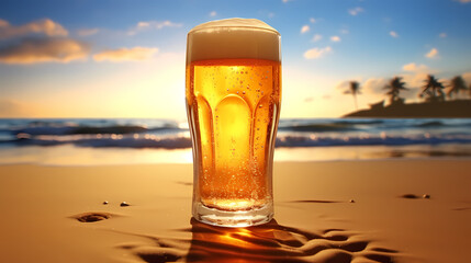 Glass of cold beer, mug product advertising on beer background with copy space