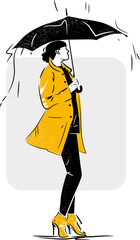 Woman in yellow jacket and shoes standing with umbrella in rain