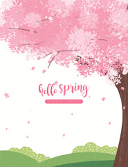 Spring shopping template with beautiful pink flowers and people