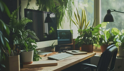 Experience the Serenity of Nature Indoors - A Home Office Adorned with Lush Greenery and Modern Computer Equipment, Perfect for Peaceful Work and Study
