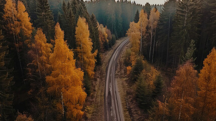 autumn landscape road through the forest aerial