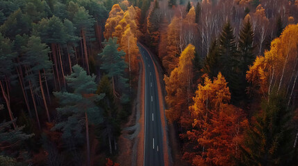 autumn landscape road through the forest aerial - Powered by Adobe