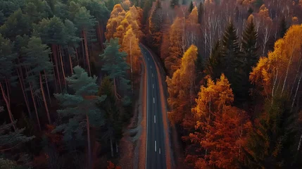 Papier Peint photo Gris 2 autumn landscape road through the forest aerial