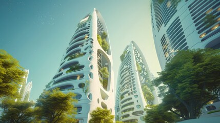 Architectural background. A tall building, a skyscraper against the background of the sky with green trees. The concept of eco-architecture of the future. Illustration for advertising. - obrazy, fototapety, plakaty