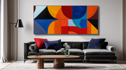 Displayed in an art gallery are modern abstract paintings featuring colorful geometric shapes