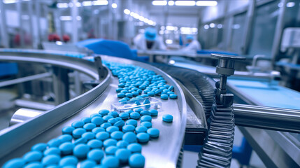 A conveyor belt in motion, carrying numerous pills in various colors and sizes, with precision and order.