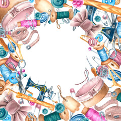 Obraz premium Square frame of sewing needles, threads, buttons, labels. Hand drawn watercolor illustration of colorful craft supplies on isolated background. Drawing of a template card with empty space for text.