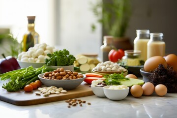 
Close-up photography of a beautifully arranged assortment of allergen-free ingredients on a kitchen counter, highlighting the versatility and creativity of New Food Restrictions