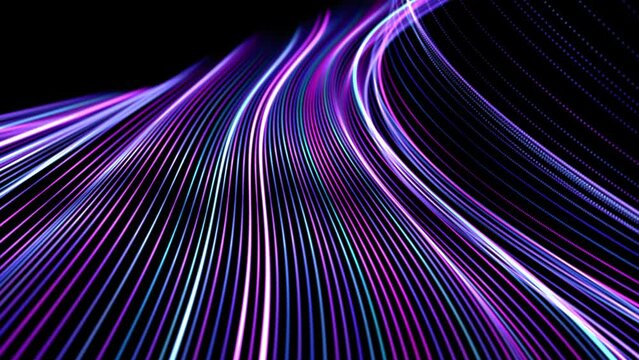 Waving 3D surface made of bright colored lines on black background. Abstract concept of soundwaves, artificial intelligence (AI) and big data. Wave change of data on the chart, 4K seamless loop video