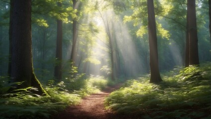 Tranquil forest scene, sunlight filtering through the canopy, dappling the forest floor with light and shadow, ideal for nature blogs or meditation apps. generative AI - obrazy, fototapety, plakaty