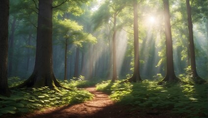 Tranquil forest scene, sunlight filtering through the canopy, dappling the forest floor with light and shadow, ideal for nature blogs or meditation apps. generative AI - obrazy, fototapety, plakaty
