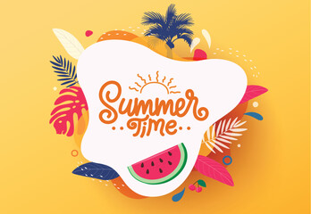 Summer time text vector template. Summer time greeting text in white space with water color and abstract tropical elements decoration in yellow background. Vector illustration summer time greeting 