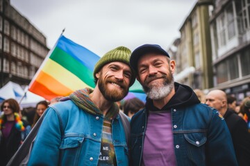 Photo an LGBTQ+ gay men couple, aged 25 and 45, showing solidarity at a demonstration for marriage...