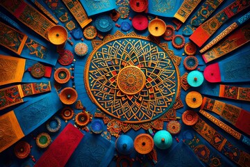 Generate a vibrant and colorful Eid ul-Fitr wallpaper showcasing diverse cultural symbols and motifs from around the world, celebrating the global nature of the festival.