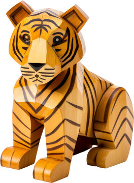 tiger wooden toy,tiger made of wood,animal wooden toy for kids isolated on white or transparent background,transparency 