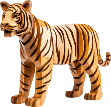 tiger wooden toy,tiger made of wood,animal wooden toy for kids isolated on white or transparent background,transparency 