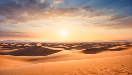 Fototapeta na wymiar Majestic desert landscape, vast sand dunes stretching to the horizon, bathed in the warm glow of the setting sun, conveying a sense of solitude and grandeur. generative AI