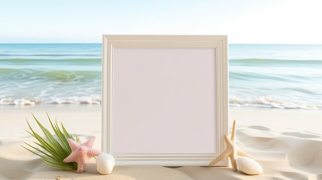 Empty photo frame on a beach background with sand. AI generated. Natural Business template for vacations and sunny beach holidays. A mockup of the coastline landscape