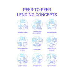 Peer-to-peer lending blue gradient concept icons. Borrowing and lending money. Investment. Connecting borrowers with investors. Icon pack. Vector images. Round shape illustrations. Abstract idea