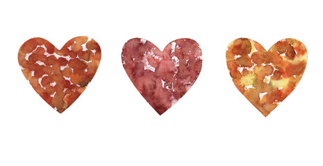 A set of red and yellow hearts. Watercolor background highlighted on a white background, elements of abstract strokes, spots in the form of hearts