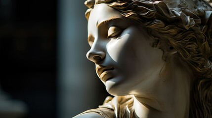 Antique statue in close-up. An old Greek or Roman monument with gold paint on its face. Concept of grandeur, elegance and art. AI generated - obrazy, fototapety, plakaty