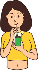 Woman Character Drinking Green Detox Juice for Healthy Lifestyle and Change Habits Concept, Dry January Month and Sober Living