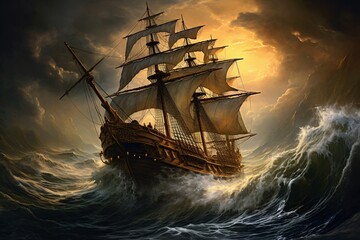 a ship in the sea - obrazy, fototapety, plakaty