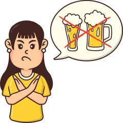 Female Character No Drinking Alcohol with Stop Hand Gesture Illustration, Refuse Alcohol Abuse and Sober Living in Dry January Month