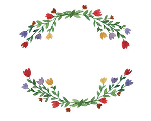 Floral arrangement of a wreath, a frame with red flowers and butterflies. The illustration is hand-drawn in watercolor, highlighted on a white background.