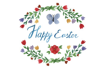 Easter flower arrangement made of a frame with butterfly flowers. A hand-drawn watercolor illustration highlighted on a white background.With the inscription "Happy Easter" framed by red flower buds.