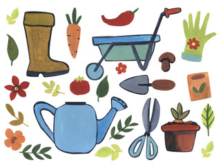 a set of gardening and gardening tools, a pot of tulips, gloves, a wheelbarrow,vegetables,rubber boots, a watering can, hand drawing with gouache paint highlighted on a white background