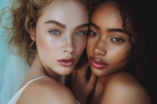 Two beautiful model girls of different ethnicities looking at the camera together. Commercial beauty and skincare portrait.