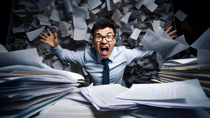 Asian office Man Worker Under the Pile of Papers cluttered Document Looks Crazy Pissed off Rush and Shock Too much Workload