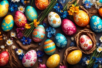 Fototapeta na wymiar Design a vibrant and festive Easter Sunday wallpaper featuring colorful Easter eggs, spring flowers, and a joyful atmosphere, symbolizing renewal and rebirth.