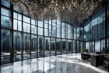 Fotobehang A majestic corporate building standing tall, exuding modernity and professionalism with its sleek architecture, glass façade, and immaculate surroundings, illuminated flawlessly with perfect lighting  © Mehram