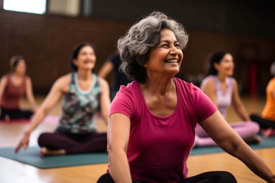 Photograph a 57-year-old Indian woman gracefully practicing Pilates on a mat, surrounded by calming music and supportive classmates