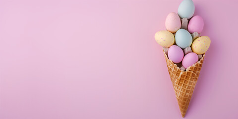 A whimsical Easter arrangement featuring a waffle cone filled with pastel-colored eggs on a soft pink background, perfect for a festive springtime.