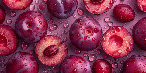 Pile of purple plums with water droplets on the top of them generative ai