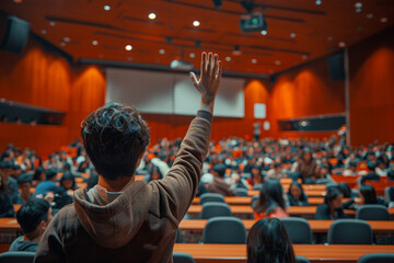 Student Participating in University Auditorium. Back view of a student with raised hand in a busy university auditorium during a lecture. - obrazy, fototapety, plakaty