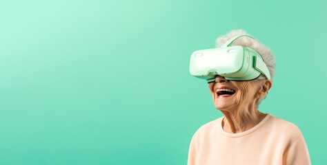 67-year-old Caucasian woman wearing wireless VR glasses against a solid pastel green background with copy space, his expression filled with curiosity as he explores the virtual landscape, with space f