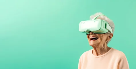 Gardinen 67-year-old Caucasian woman wearing wireless VR glasses against a solid pastel green background with copy space, his expression filled with curiosity as he explores the virtual landscape, with space f © Hanna Haradzetska