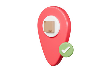 3d parcel box or cardboard box inside pin location and checklist icon. Correct mark delivery icon. Product delivery concept. Online shopping concept. isolated on white background. 3d rendering.