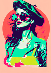Pop Art Frau mit Barett Mütze und Sonnenbrillen