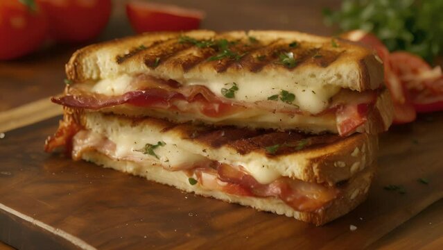 A grilled cheese with a twist this sandwich is stuffed with savory bacon juicy tomatoes and a zesty garlic aioli for a burst of flavor in every bite.