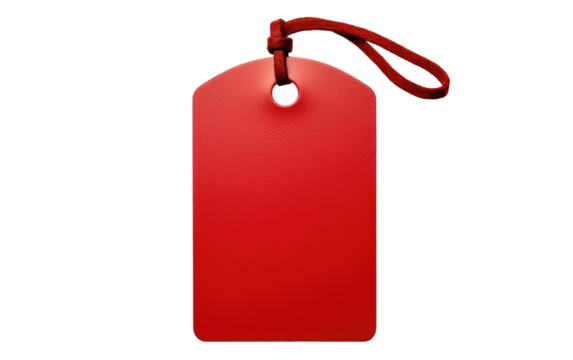 A close up photo showing a red tag suspended from a red string. on a White or Clear Surface PNG Transparent Background.