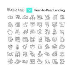 Fototapeta na wymiar Peer-to-peer lending linear icons set. Investment. Obtain loans directly from individuals. Finance. Customizable thin line symbols. Isolated vector outline illustrations. Editable stroke