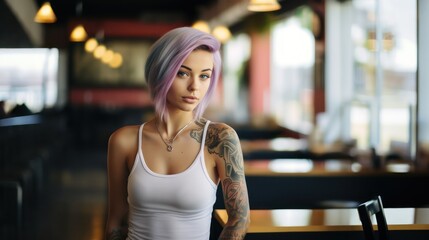 Fototapeta premium Pretty woman sit in cafe. Blonde caucasian girl with tattoo. Female hipster attractive person. AI generated