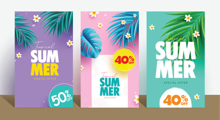 Summer tropical sale vector poster set. Summer tropical special offer text with palm and monstera leaf elements for seasonal shopping flyers collection. Vector illustration summer template. © Zeinous