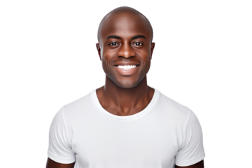 A man wearing a white shirt is captured with a joyful expression as he smiles directly at the camera. on a White or Clear Surface PNG Transparent Background.